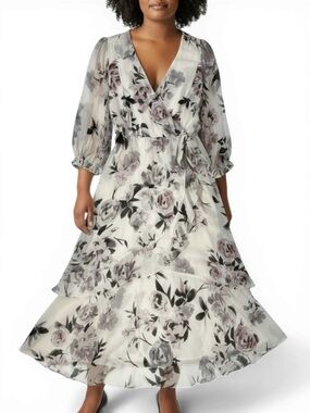 Taylor Floral Chiffon Maxi Dress Faux Wrap Belted V Neck Ruffle 24W NWT